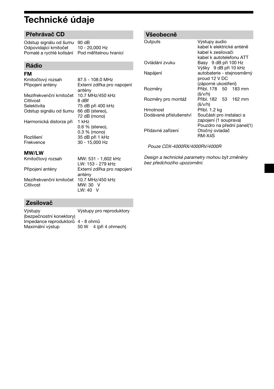 23 technické údaje, Přehrávač cd, Rádio | Zesilovač, Všeobecně | Sony CDX-4000RV  RU User Manual | Page 47 / 124