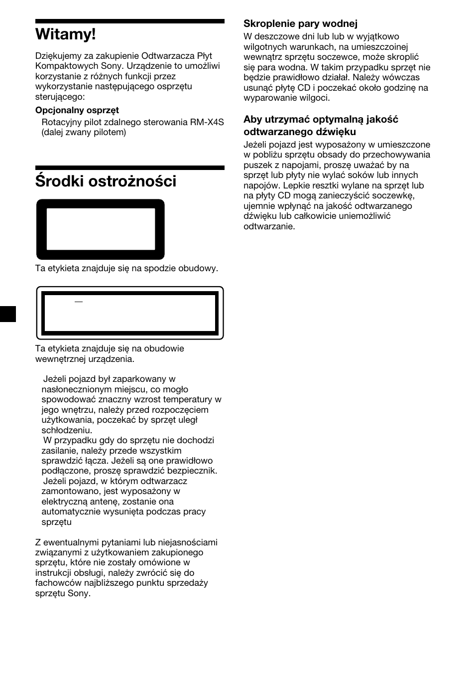 2witamy, Środki ostrożności | Sony CDX-4000RV  RU User Manual | Page 50 / 124