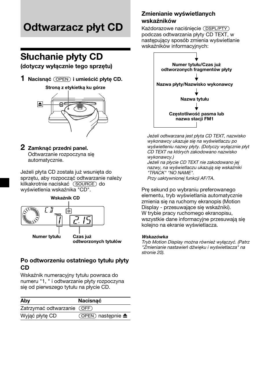 Odtwarzacz płyt cd, Słuchanie płyty cd | Sony CDX-4000RV  RU User Manual | Page 56 / 124