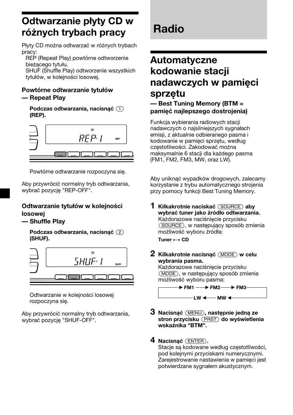 Radio, Odtwarzanie płyty cd w różnych trybach pracy, Powtórne odtwarzanie tytułów — repeat play | Sony CDX-4000RV  RU User Manual | Page 58 / 124