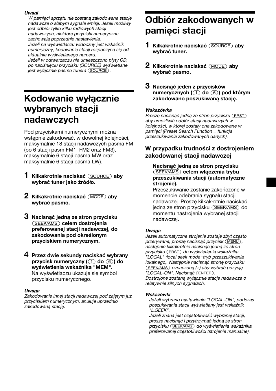 Kodowanie wyłącznie wybranych stacji nadawczych, Odbiór zakodowanych w pamięci stacji | Sony CDX-4000RV  RU User Manual | Page 59 / 124