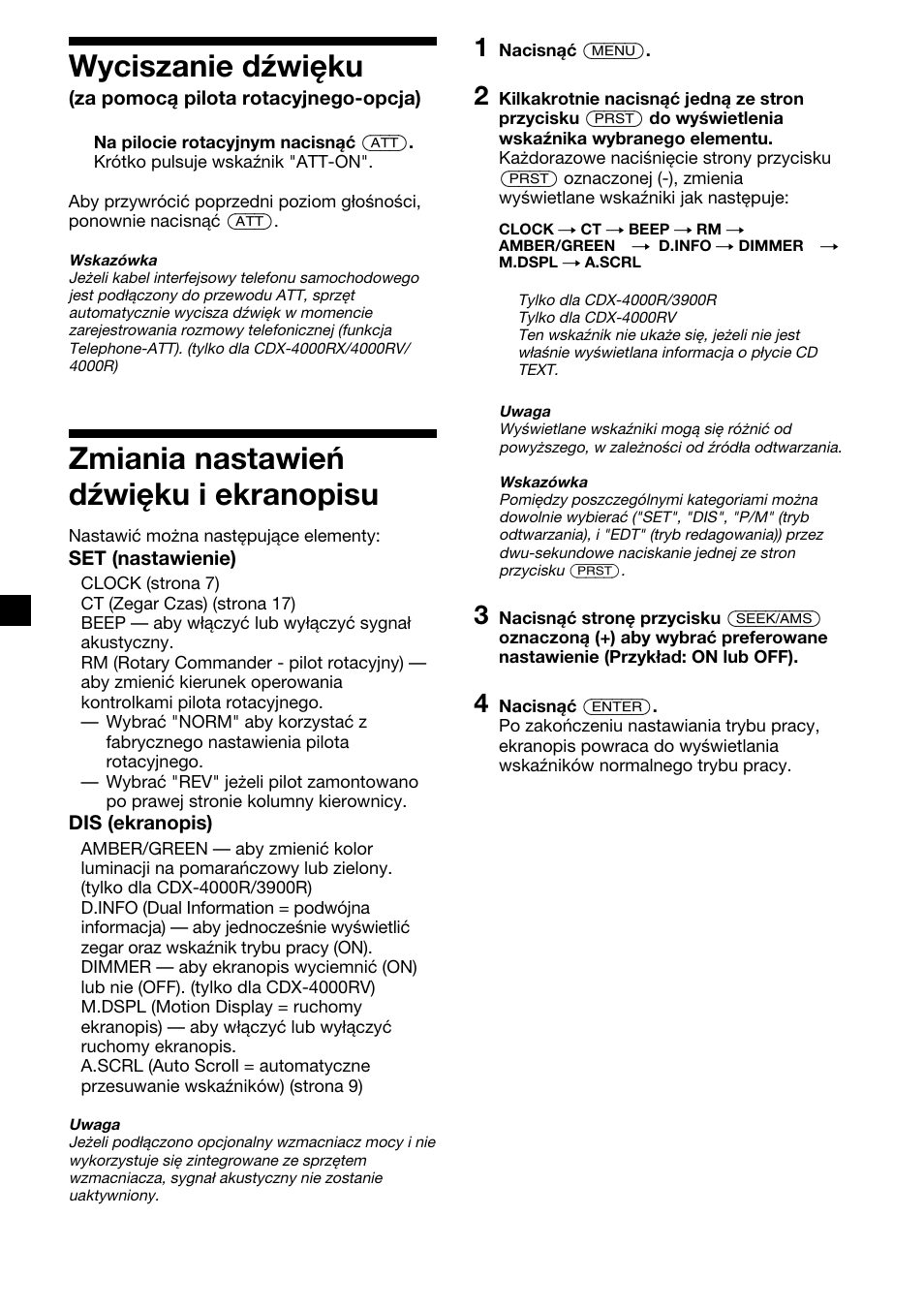 20 wyciszanie dźwięku, Zmiania nastawień dźwięku i ekranopisu | Sony CDX-4000RV  RU User Manual | Page 68 / 124