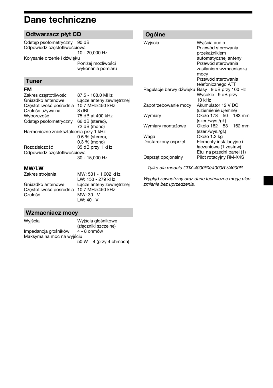 23 dane techniczne, Odtwarzacz płyt cd, Tuner | Wzmacniacz mocy, Ogólne | Sony CDX-4000RV  RU User Manual | Page 71 / 124