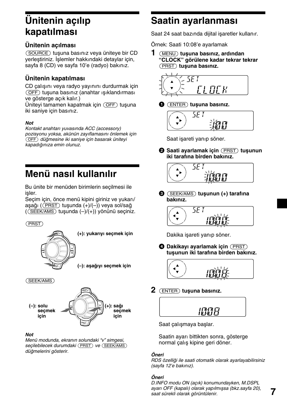 7ünitenin açılıp kapatılması, Menü nasıl kullanılır, Saatin ayarlanması | Sony CDX-4000RV  RU User Manual | Page 79 / 124