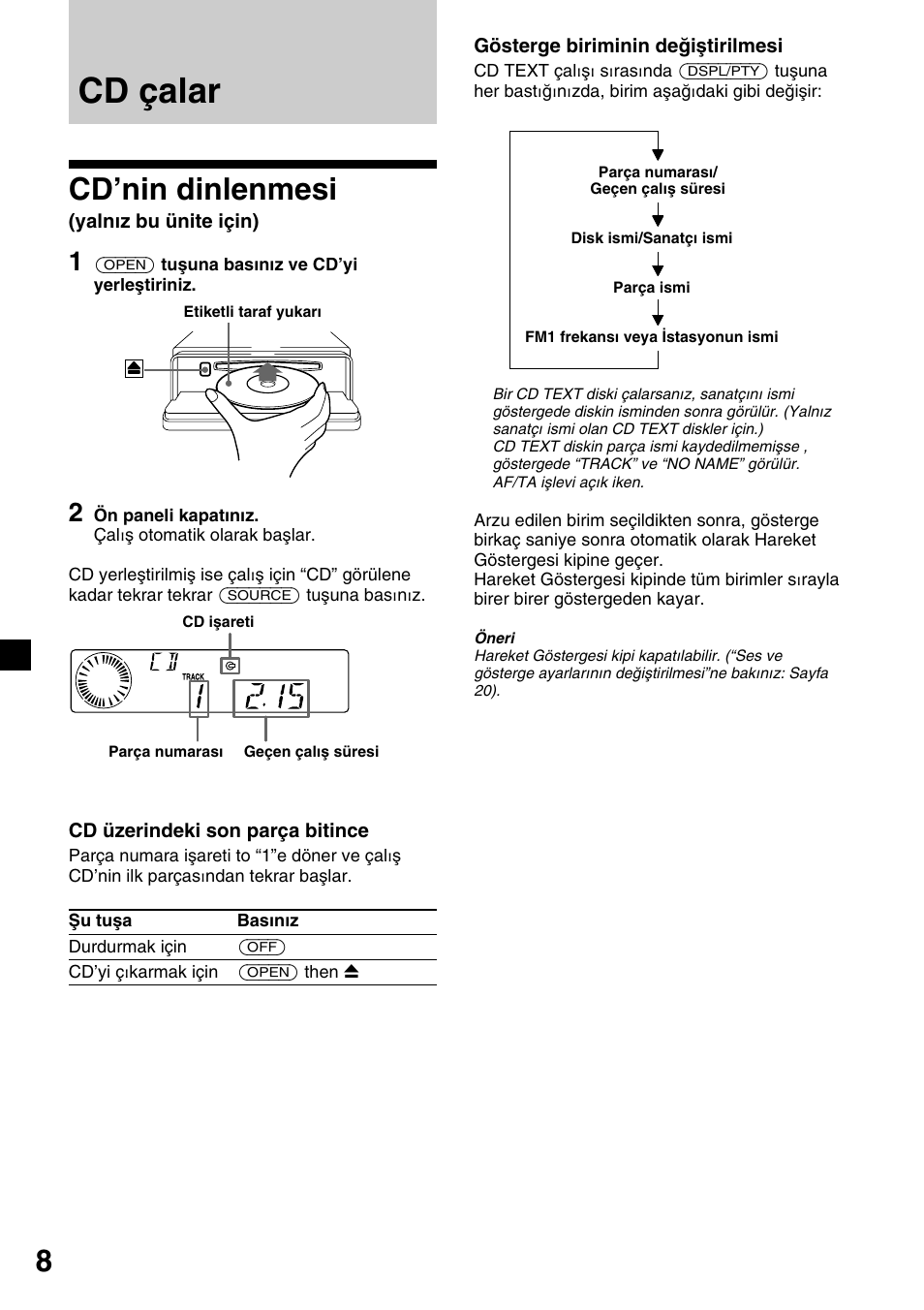 Cd çalar, Cd’nin dinlenmesi, Yalnız bu ünite için) | Cd üzerindeki son parça bitince, Gösterge biriminin değiştirilmesi | Sony CDX-4000RV  RU User Manual | Page 80 / 124