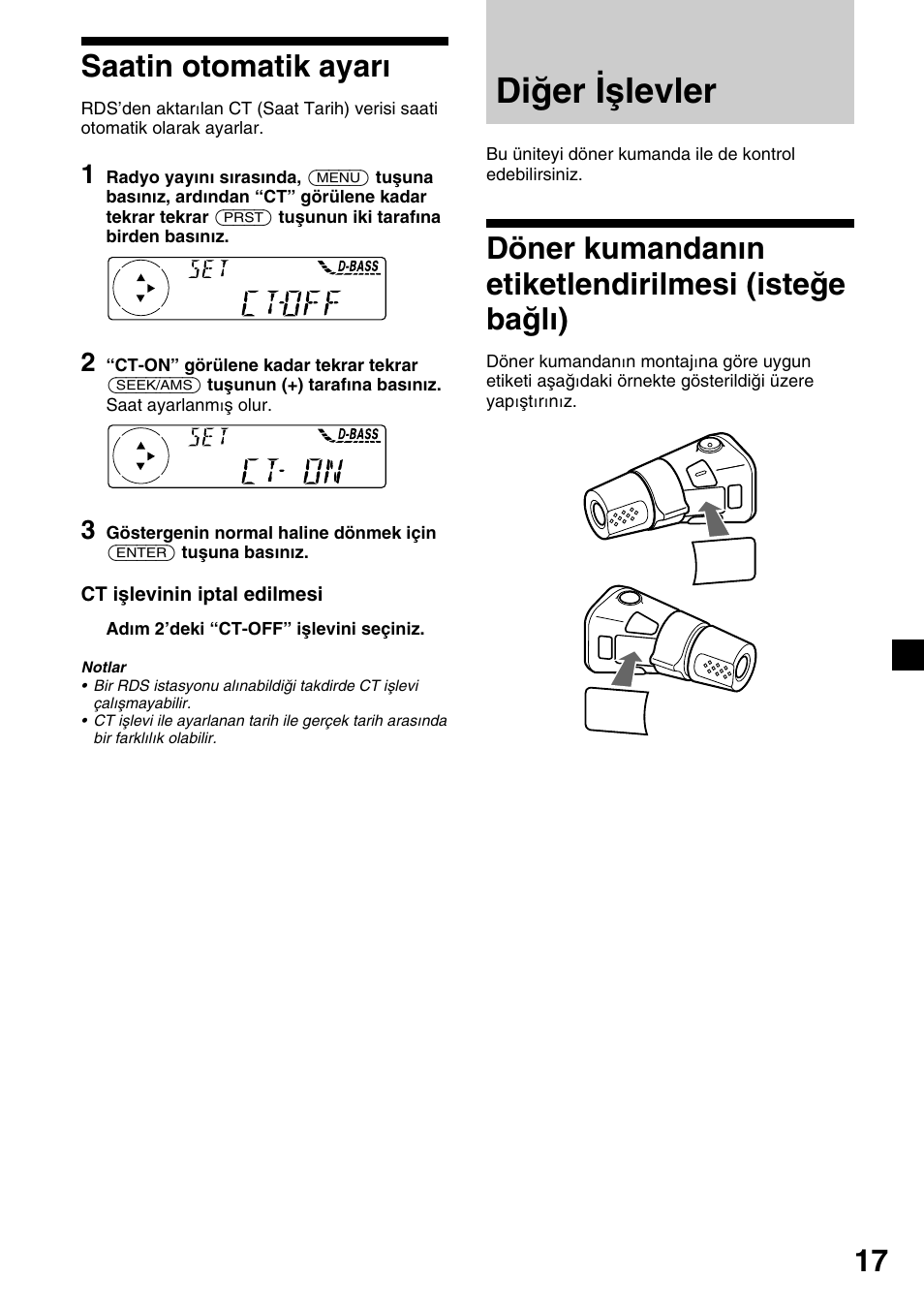 Diğer işlevler, Döner kumandanın etiketlendirilmesi (isteğe bağlı), Saatin otomatik ayarı | Sony CDX-4000RV  RU User Manual | Page 89 / 124