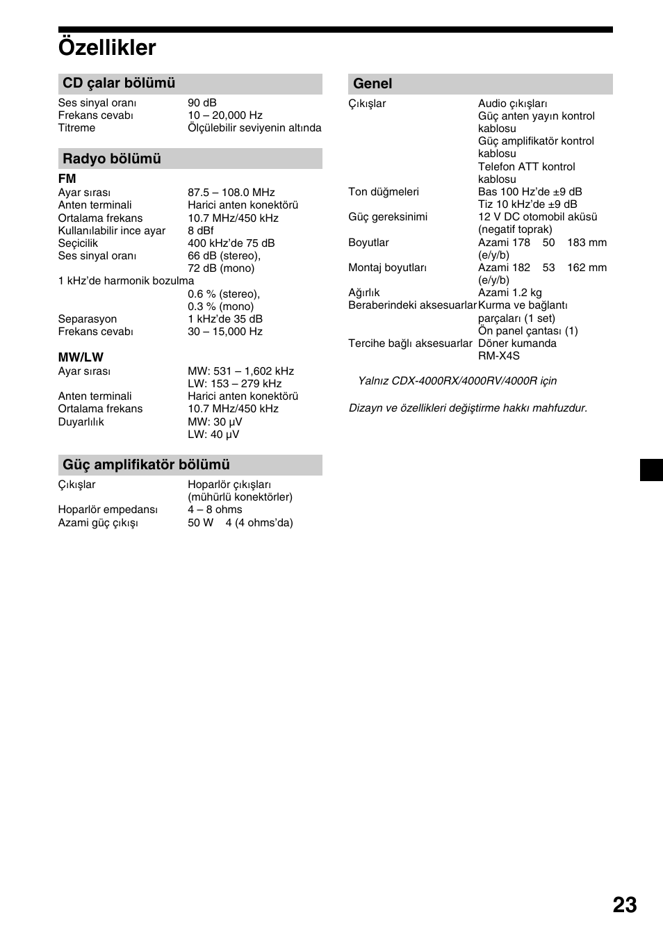 23 özellikler, Cd çalar bölümü, Radyo bölümü | Güç amplifikatör bölümü, Genel | Sony CDX-4000RV  RU User Manual | Page 95 / 124