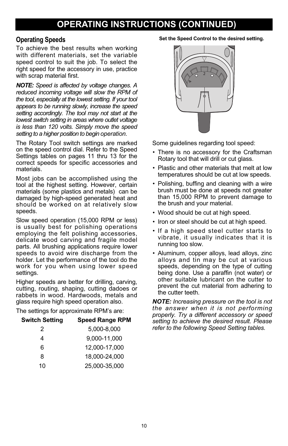 Operating instructions (continued), Operating speeds | Craftsman 572.6112 User Manual | Page 10 / 23