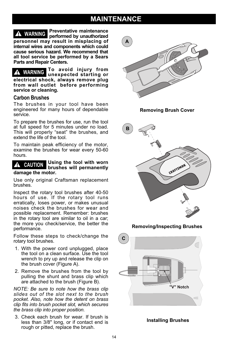 Maintenance, Carbon brushes, Warning | Caution | Craftsman 572.6112 User Manual | Page 14 / 23