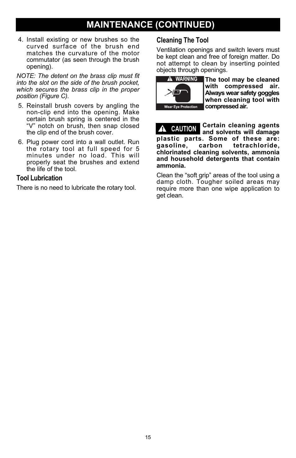 Maintenance (continued), Tool lubrication, Cleaning the tool | Caution | Craftsman 572.6112 User Manual | Page 15 / 23