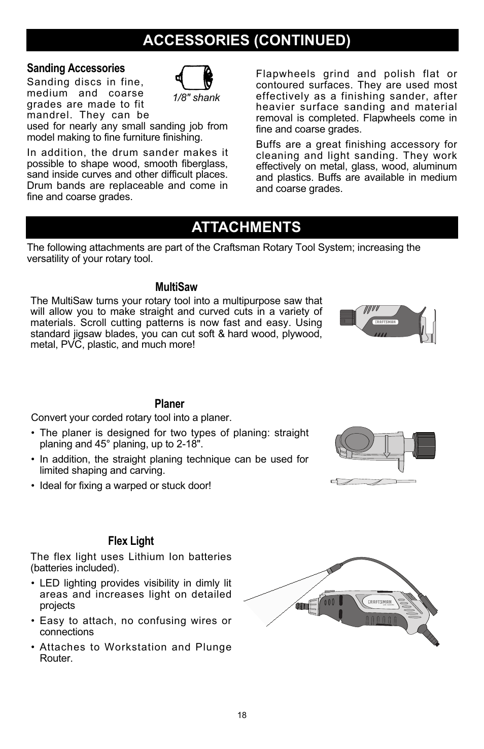 Accessories (continued) attachments, Sanding accessories, Multisaw | Planer, Flex light | Craftsman 572.6112 User Manual | Page 18 / 23