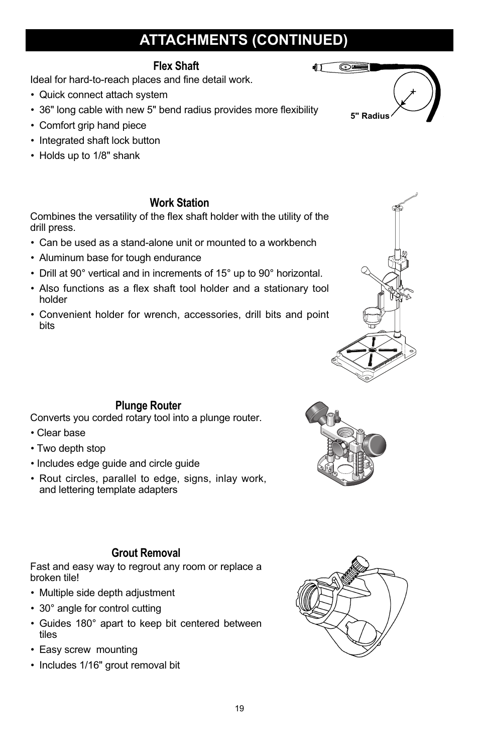 Attachments (continued), Flex shaft, Plunge router | Work station, Grout removal | Craftsman 572.6112 User Manual | Page 19 / 23