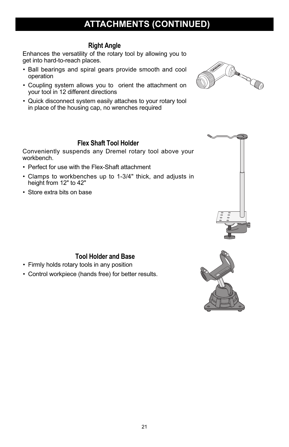 Attachments (continued), Tool holder and base, Right angle | Flex shaft tool holder | Craftsman 572.6112 User Manual | Page 21 / 23