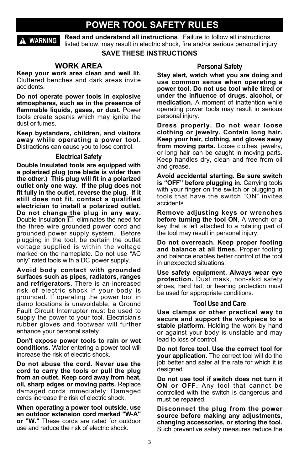 Power tool safety rules, Warning work area, Electrical safety | Personal safety, Tool use and care | Craftsman 572.6112 User Manual | Page 3 / 23