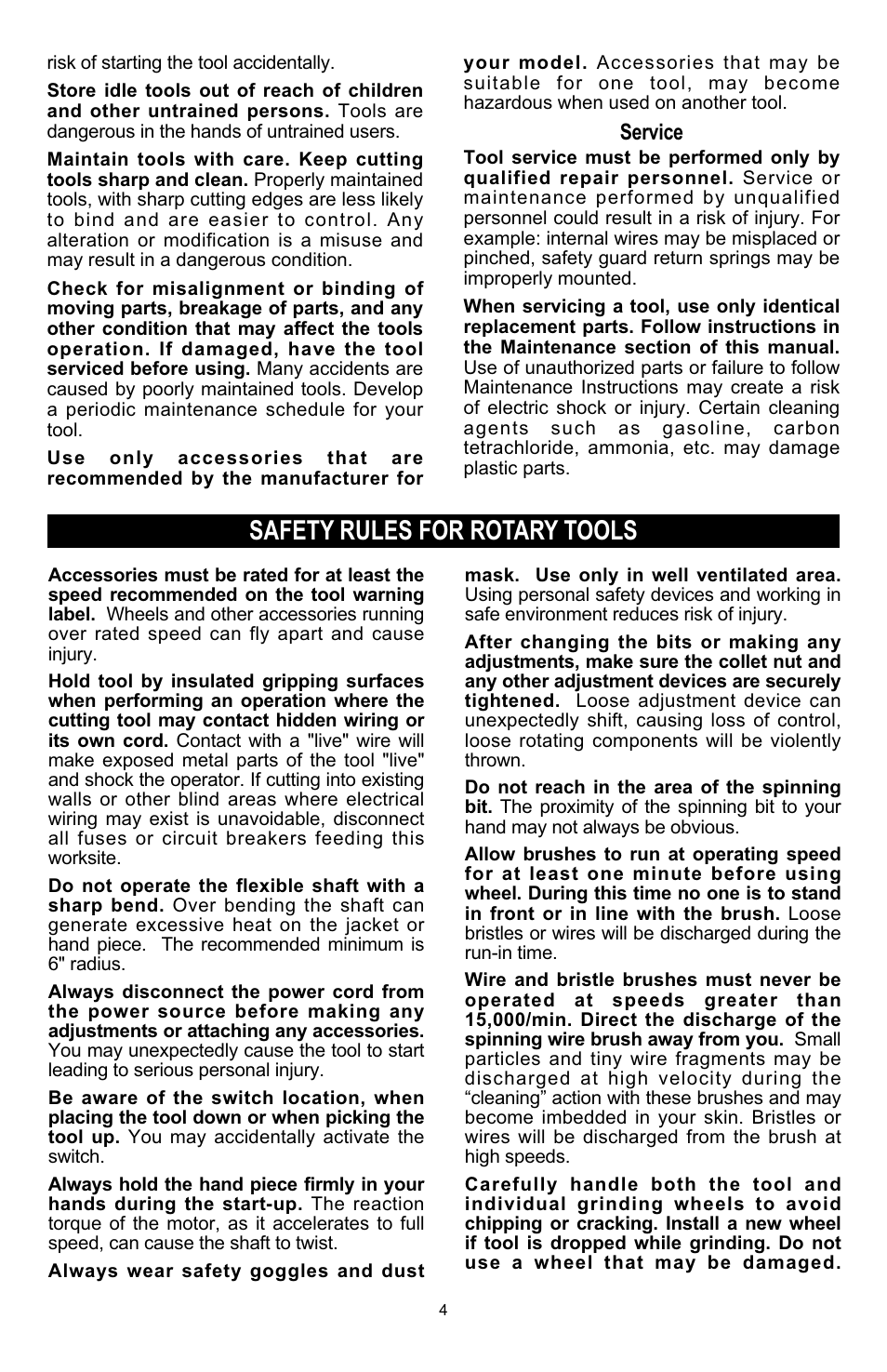 Safety rules for rotary tools, Service | Craftsman 572.6112 User Manual | Page 4 / 23