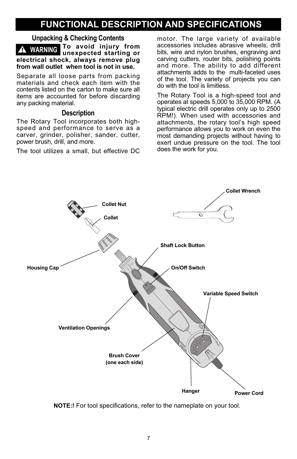 Functional description and specifications, Unpacking & checking contents, Description | Warning | Craftsman 572.6112 User Manual | Page 7 / 23