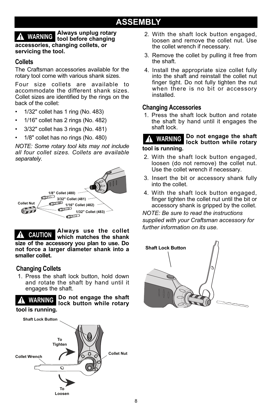 Assembly, Warning, Collets | Changing collets, Caution, Changing accessories | Craftsman 572.6112 User Manual | Page 8 / 23