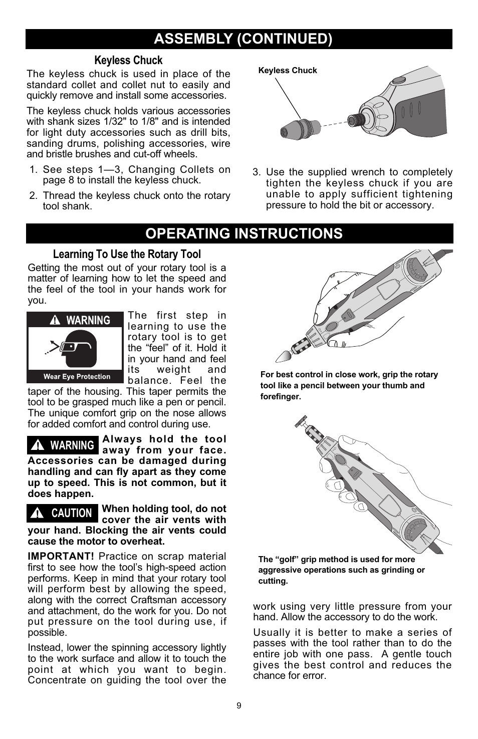 Assembly (continued) operating instructions, Learning to use the rotary tool, Warning | Caution, Keyless chuck | Craftsman 572.6112 User Manual | Page 9 / 23