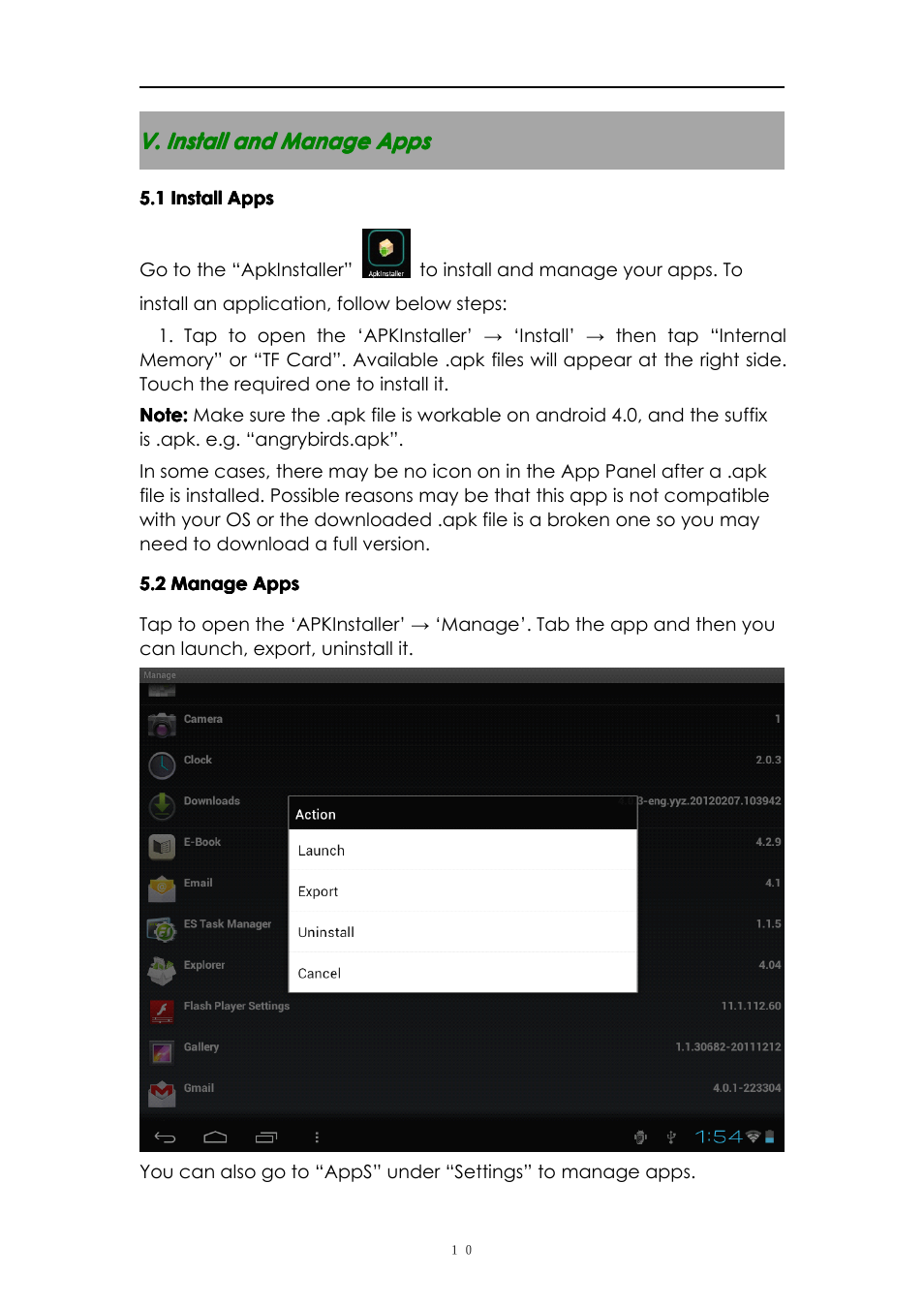 V.installandmanageapps, 1installapps, 2manageapps | V. install and manage apps | PiPO M1 v.2 User Manual | Page 10 / 17