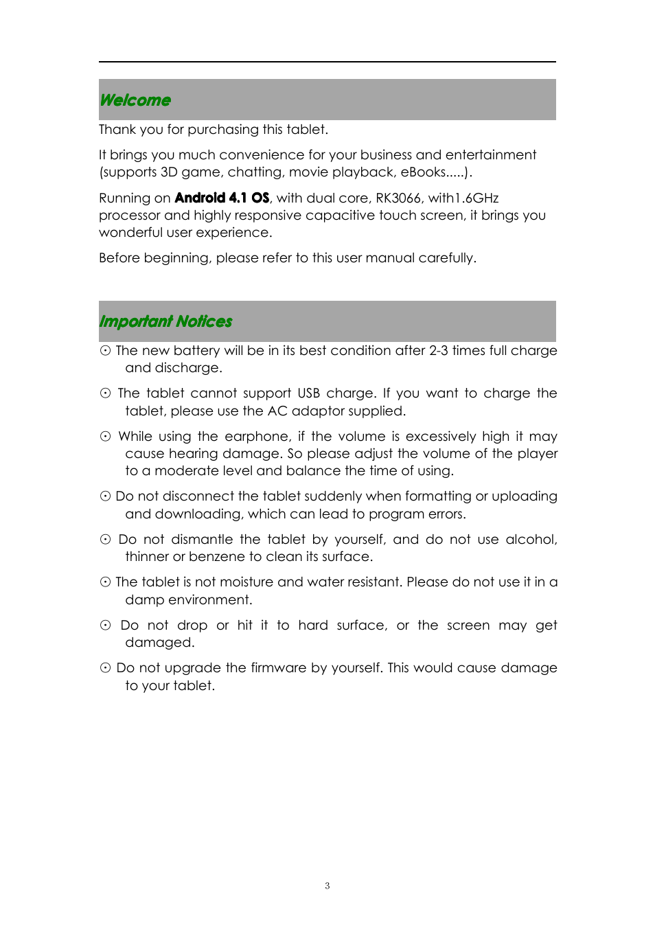Welcome, Importantnotices | PiPO M1 v.2 User Manual | Page 3 / 17