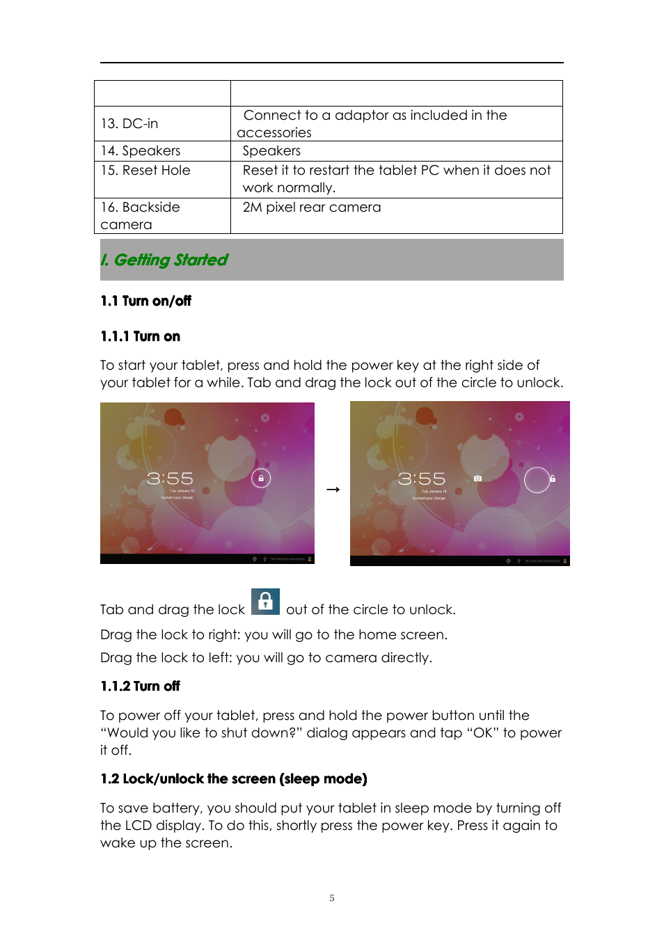 I.gettingstarted, 1turnon/off, 1turnon | 2turnoff, 2lock/unlockthescreen(sleepmode), I. getting started, 1 turn on/off, 2 lock/unlock the screen (sleep mode) | PiPO M1 v.2 User Manual | Page 5 / 17