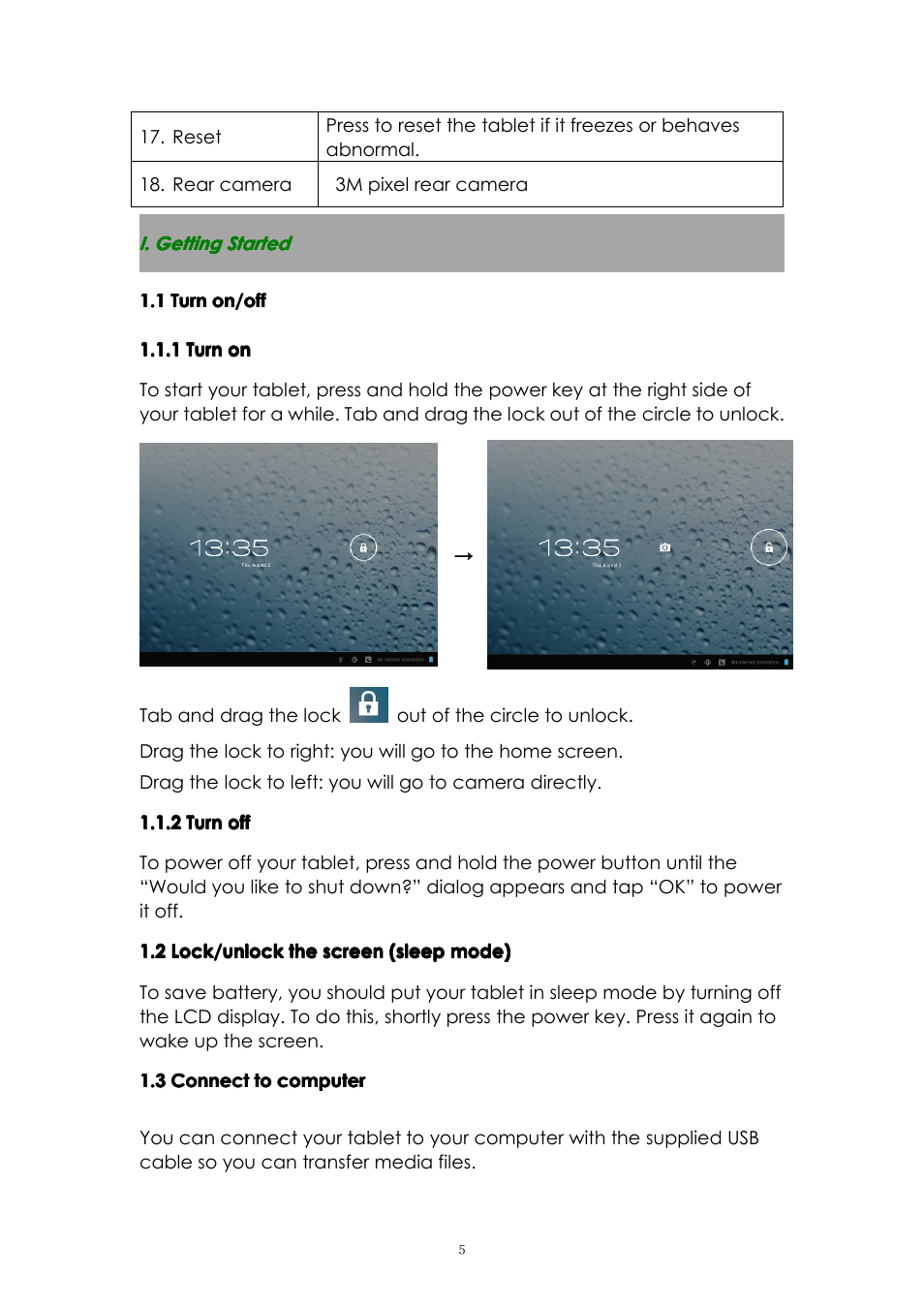 I.gettingstarted, 1turnon/off, 1turnon | 2turnoff, 2lock/unlockthescreen(sleepmode), 3connecttocomputer, I. getting started, 1 turn on/off | PiPO M2 v.2 User Manual | Page 5 / 18