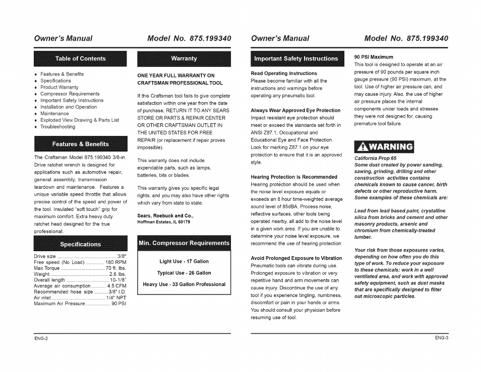 A warning | Craftsman 875.199340 User Manual | Page 2 / 6