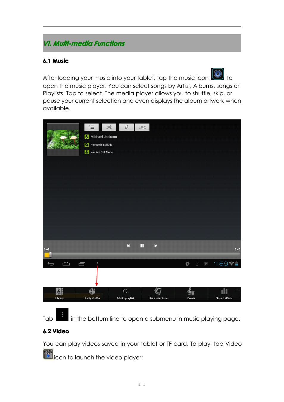 Vi.multi-mediafunctions, 1music, 2video | Vi. multi-media functions | PiPO M3 v.2 User Manual | Page 11 / 17