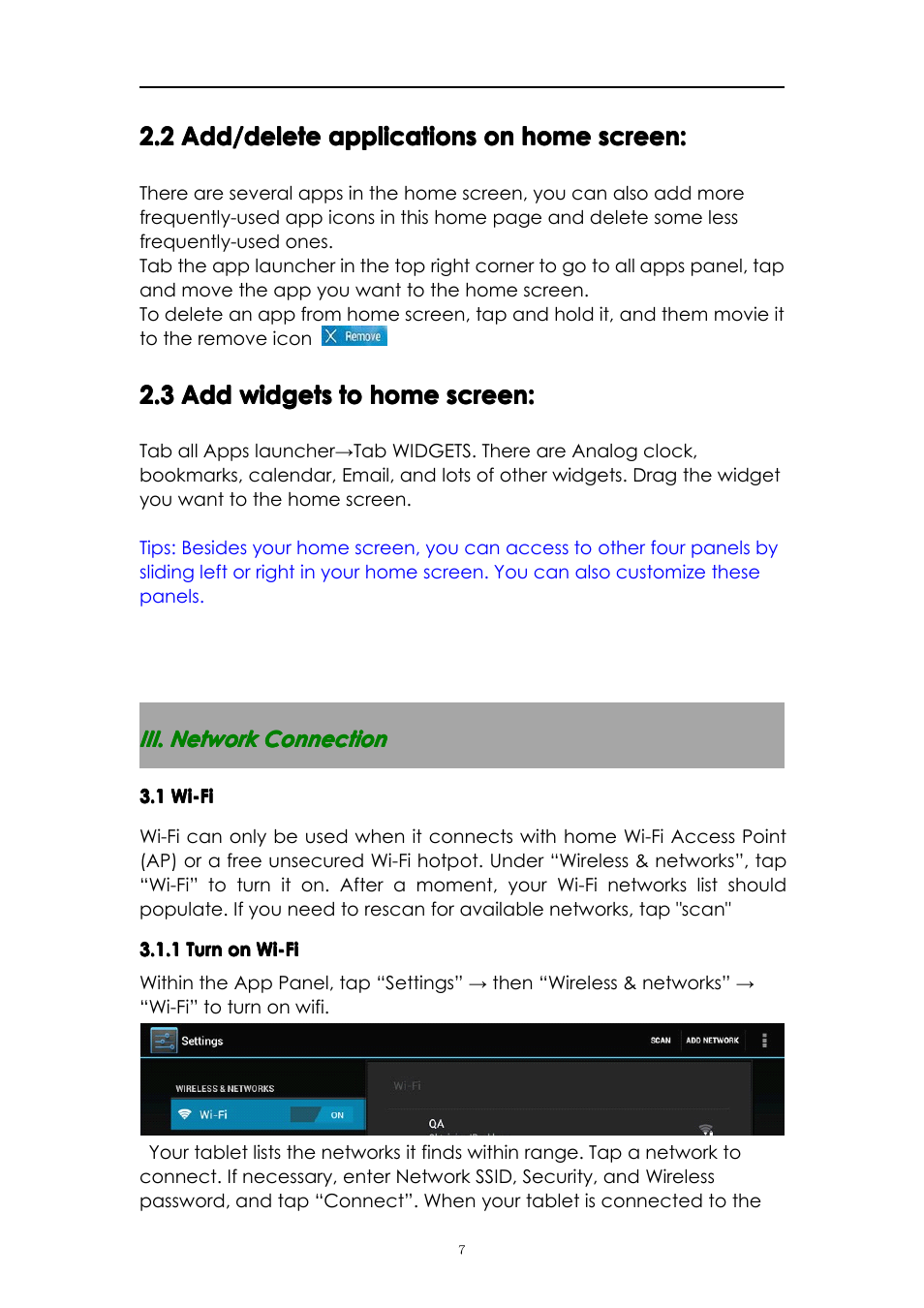 2add/deleteapplicationsonhomescreen, 3addwidgetstohomescreen, Iii.networkconnection | 1wi-fi, 1turnonwi-fi, Iii. network connection, 1 wi-fi, 1 turn on wi-fi | PiPO M3 v.2 User Manual | Page 7 / 17