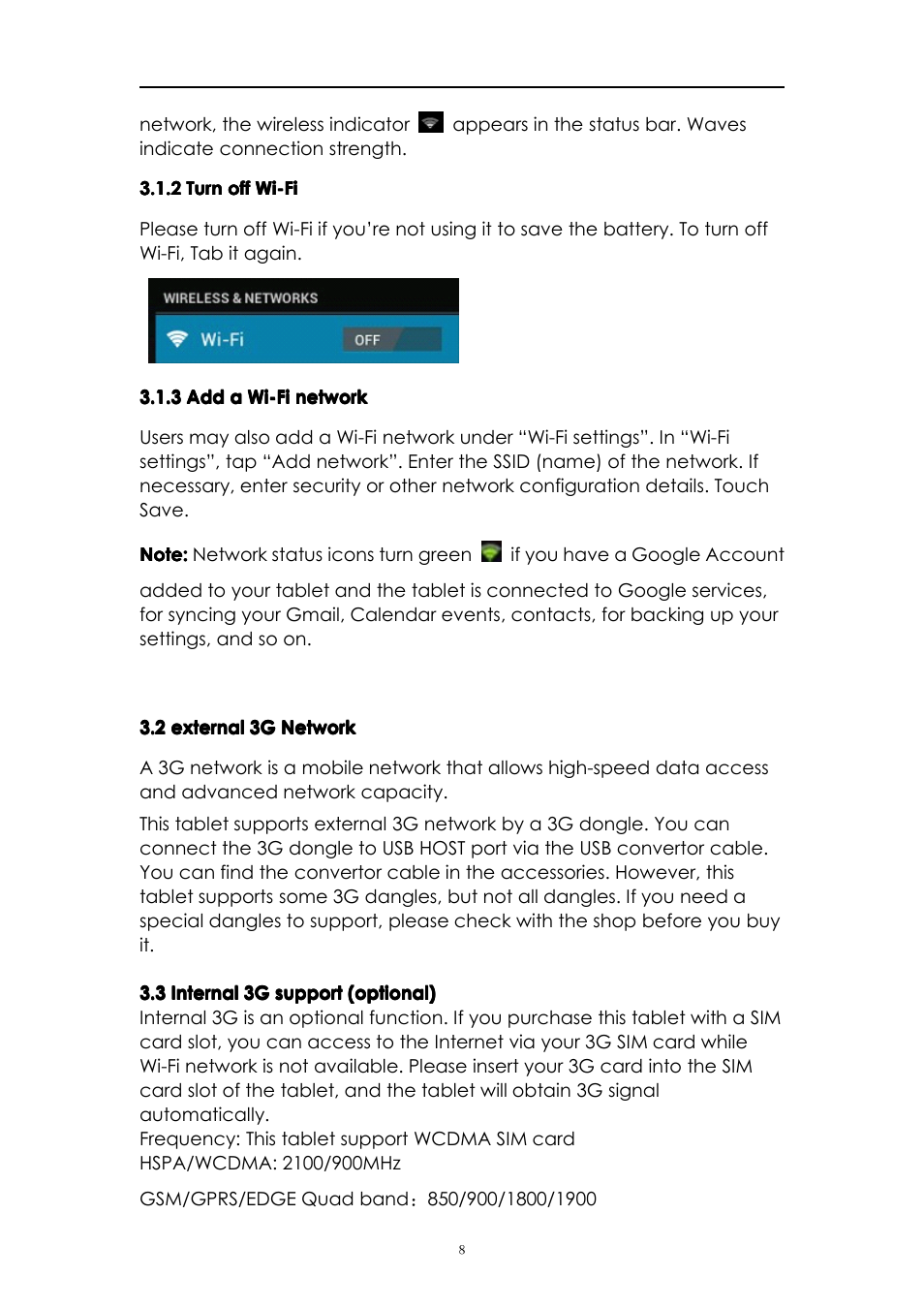 2turnoffwi-fi, 3addawi-finetwork, 2external3gnetwork | PiPO M3 v.2 User Manual | Page 8 / 17