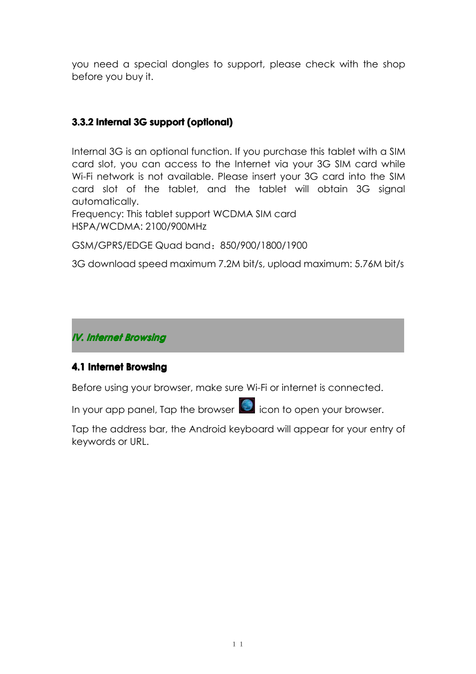 2internal3gsupport(optional), Iv.internetbrowsing, 1internetbrowsing | PiPO M6 User Manual | Page 11 / 32