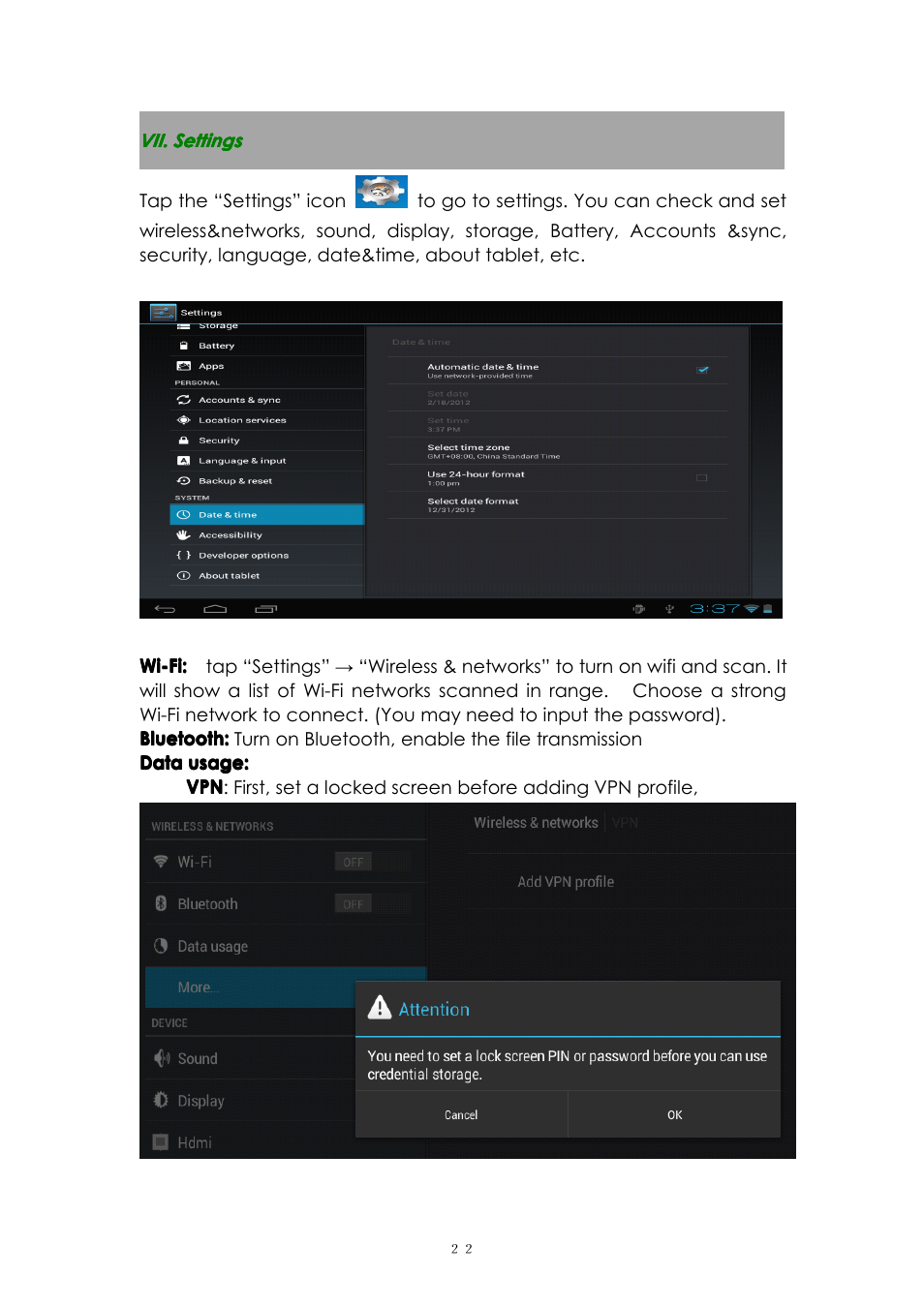 Vii.settings, Vii. settings | PiPO M6 User Manual | Page 22 / 32