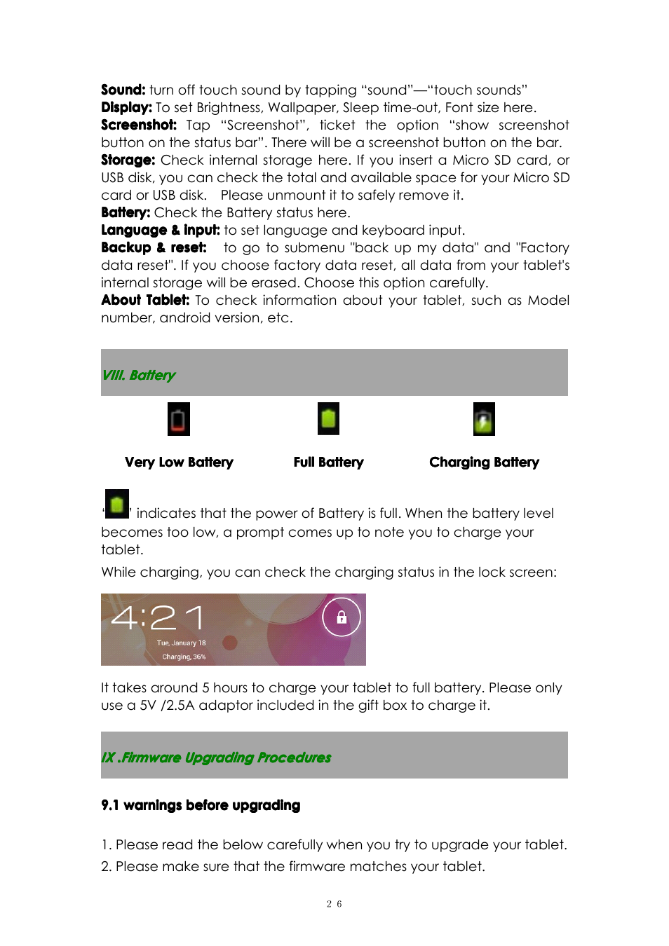 Viii.battery, Ix.firmwareupgradingprocedures | PiPO M6 User Manual | Page 26 / 32