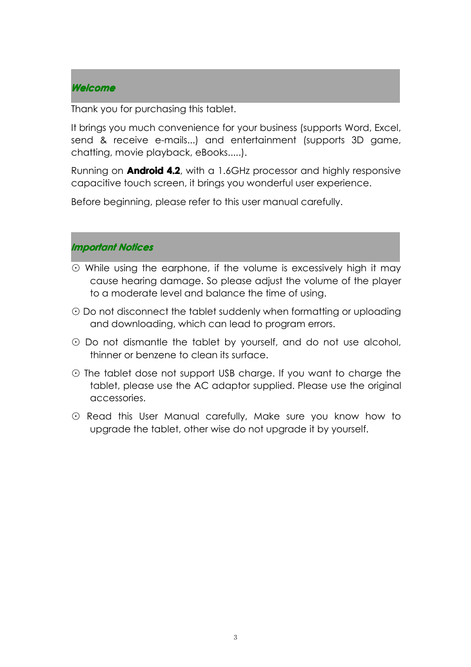 Welcome, Importantnotices | PiPO M6 User Manual | Page 3 / 32
