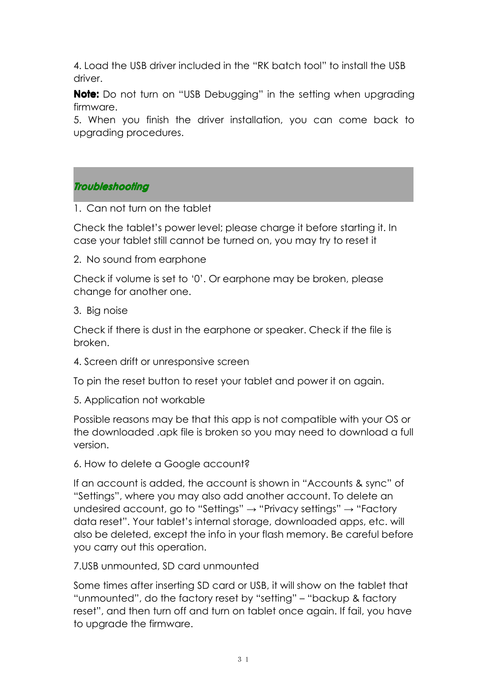 Troubleshooting | PiPO M6 User Manual | Page 31 / 32