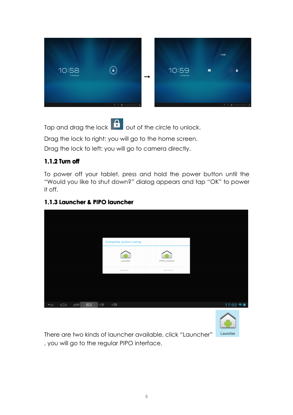 2turnoff, 3launcher&pipolauncher | PiPO M6 User Manual | Page 5 / 32