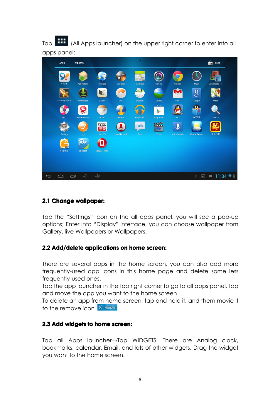 1changewallpaper, 2add/deleteapplicationsonhomescreen, 3addwidgetstohomescreen | PiPO M6 User Manual | Page 8 / 32