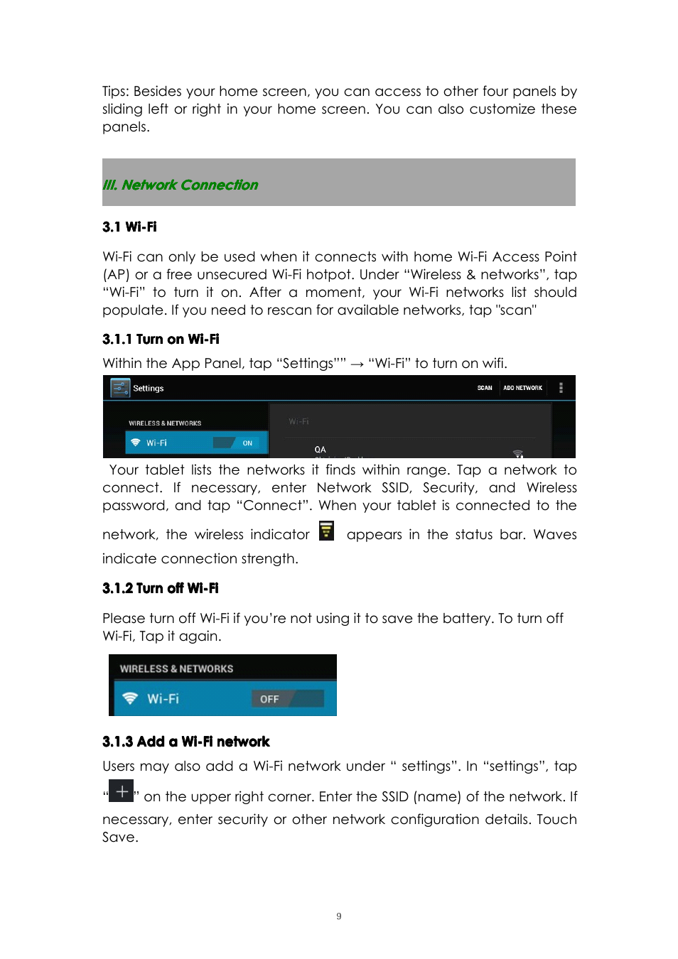 Iii.networkconnection, 1wi-fi, 1turnonwi-fi | 2turnoffwi-fi, 3addawi-finetwork | PiPO M6 User Manual | Page 9 / 32