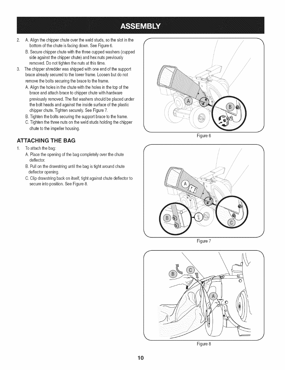 Attaching the bag, Assembly | Craftsman 1450 Series Engine User Manual | Page 10 / 56