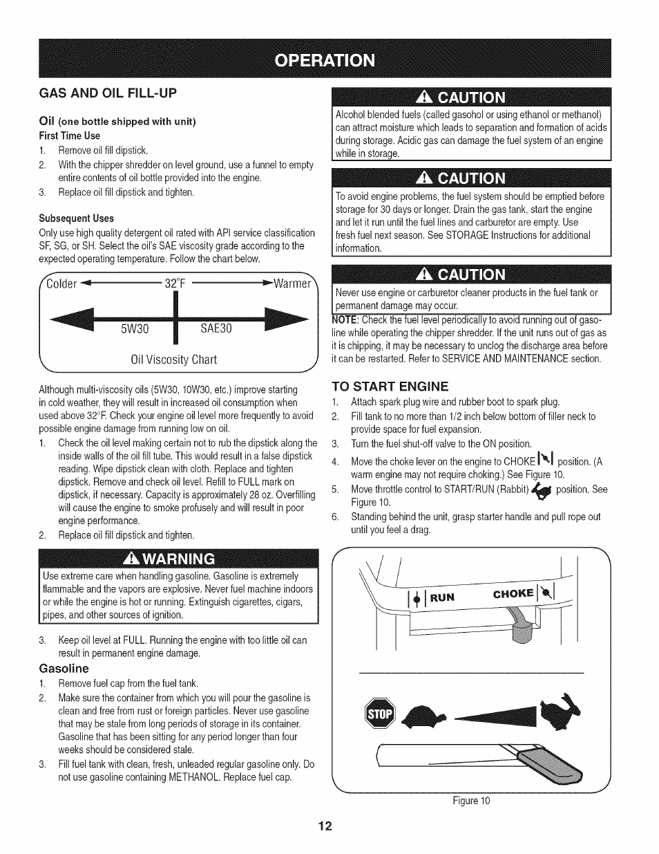 Gas and oil fill-up, Gasoline, A caution | To start engine, Operation, Caution | Craftsman 1450 Series Engine User Manual | Page 12 / 56