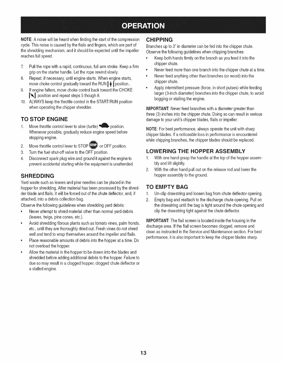 To stop engine, Shredding, Chipping | Lowering the hopper assembly, To empty bag, Operation | Craftsman 1450 Series Engine User Manual | Page 13 / 56