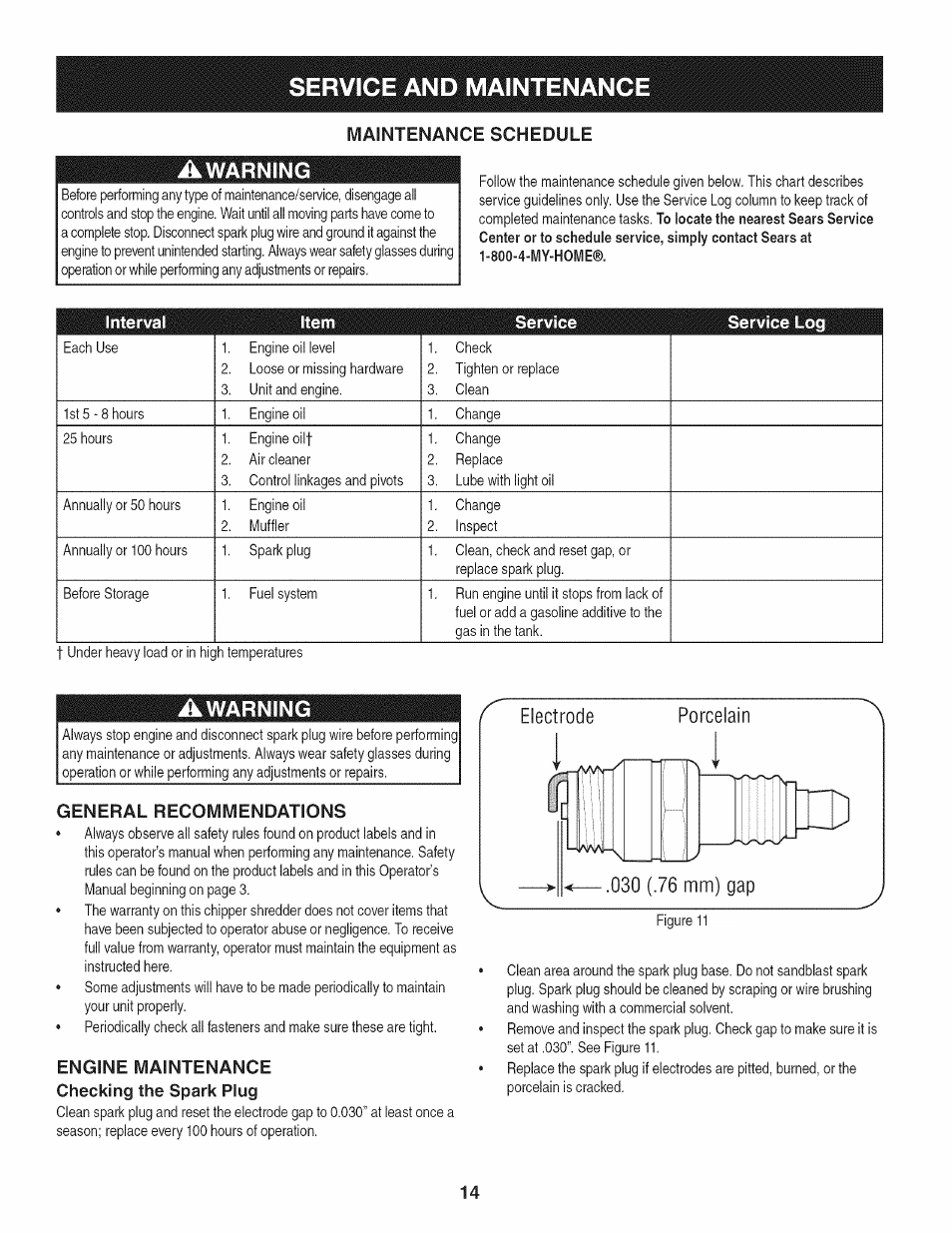 General recommendations, Engine maintenance, Checking the spark plug | Service and maintenance, Warning | Craftsman 1450 Series Engine User Manual | Page 14 / 56