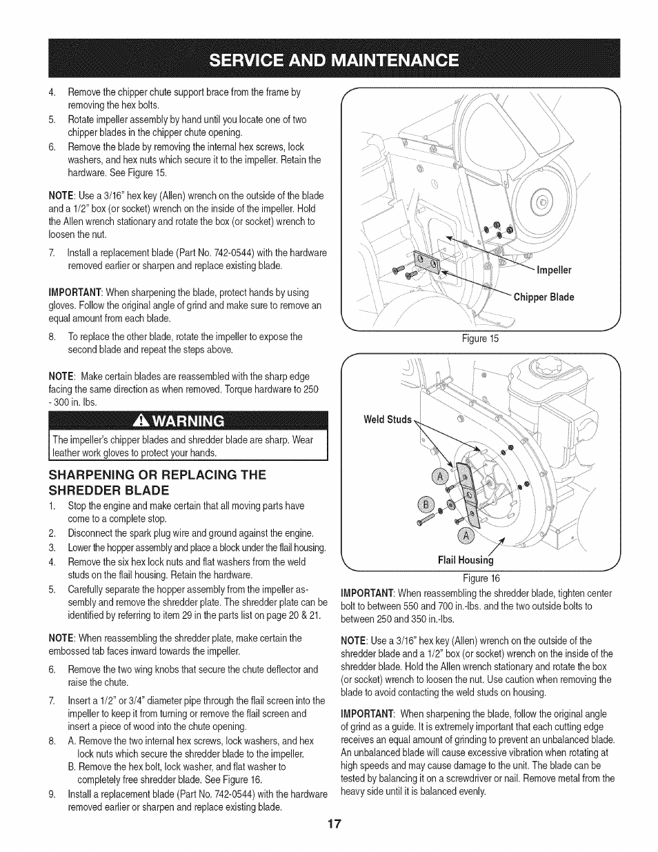 Sharpening or replacing the shredder blade, Service and maintenance, Warning | Craftsman 1450 Series Engine User Manual | Page 17 / 56