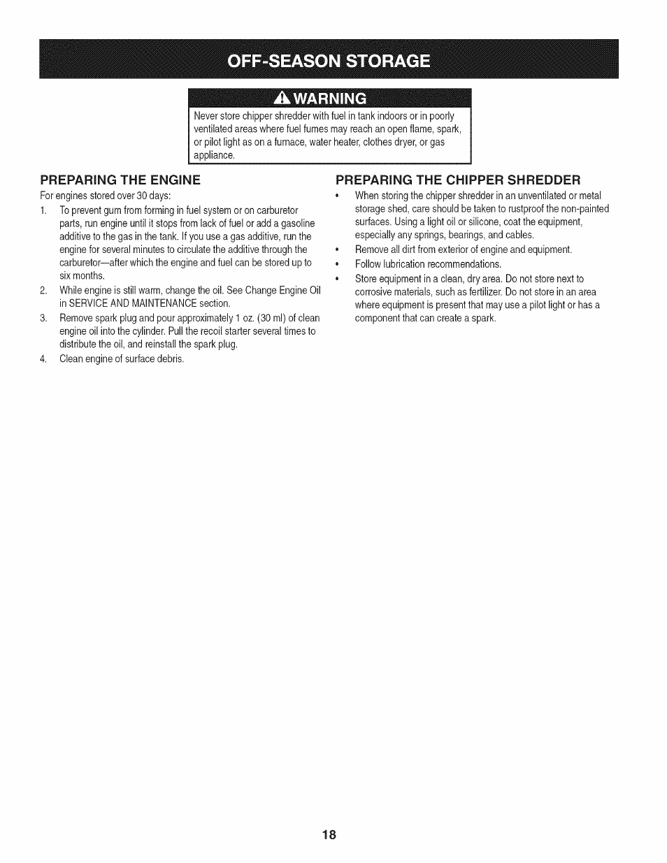 Preparing the engine, Preparing the chipper shredder, Off-season storag | Warning | Craftsman 1450 Series Engine User Manual | Page 18 / 56