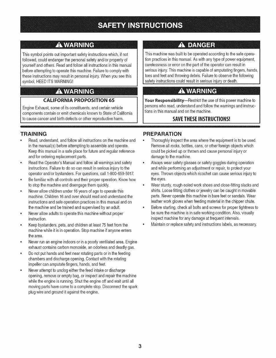 A warning, Awarning, Save these instruaions | Training, Preparation, Safety instructions, A danger | Craftsman 1450 Series Engine User Manual | Page 3 / 56