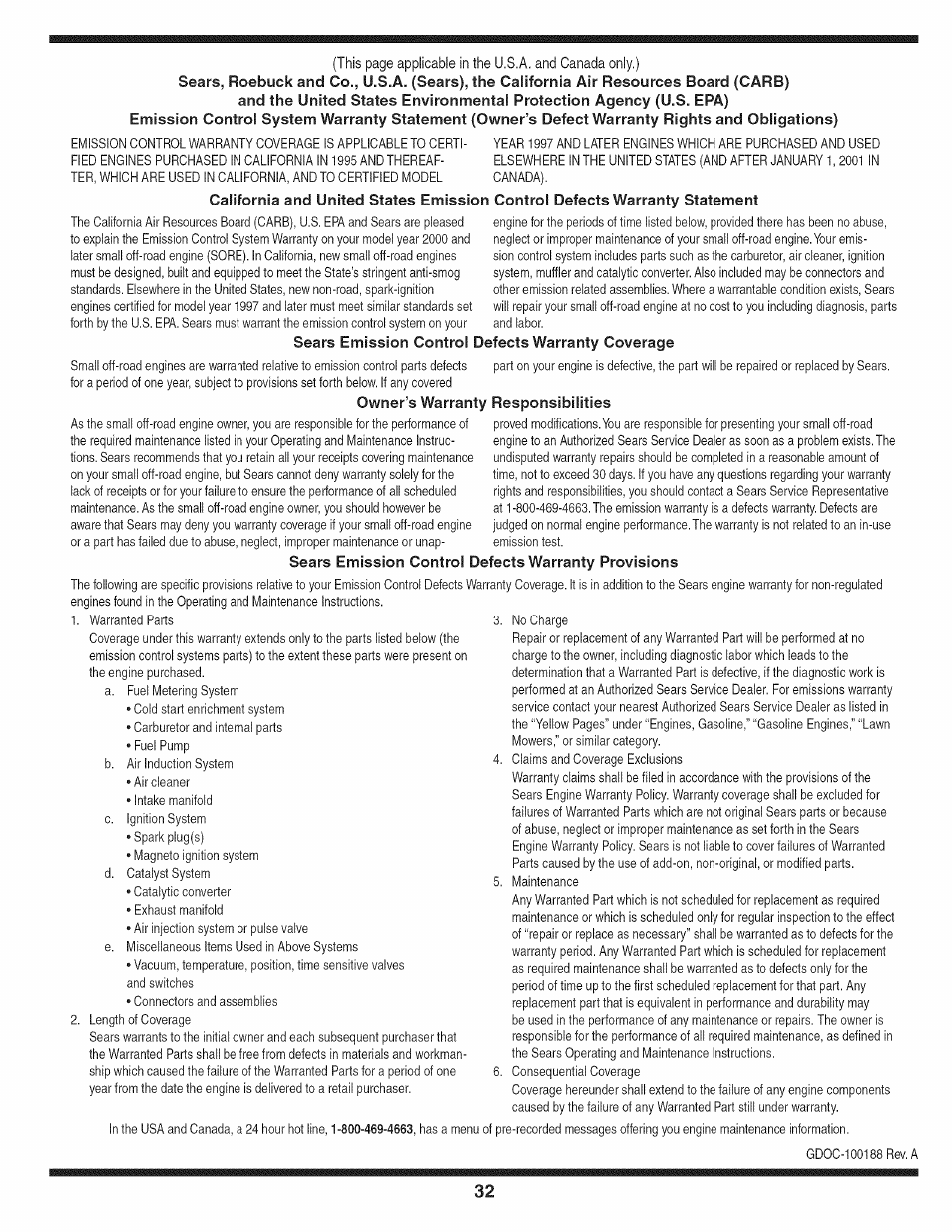 Sears emission control defects warranty coverage, Owner’s warranty responsibilities, Sears emission control defects warranty provisions | Craftsman 1450 Series Engine User Manual | Page 32 / 56