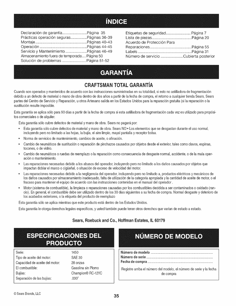 Garantia, Especificacione producto, Craftsman total garantia | Craftsman 1450 Series Engine User Manual | Page 35 / 56