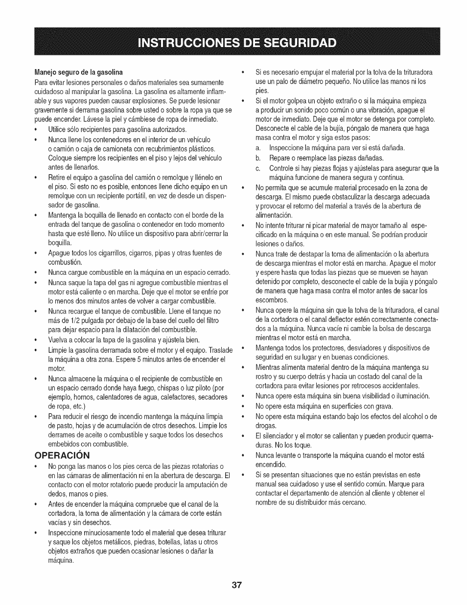 Operación, Instrucciones de seguridad | Craftsman 1450 Series Engine User Manual | Page 37 / 56