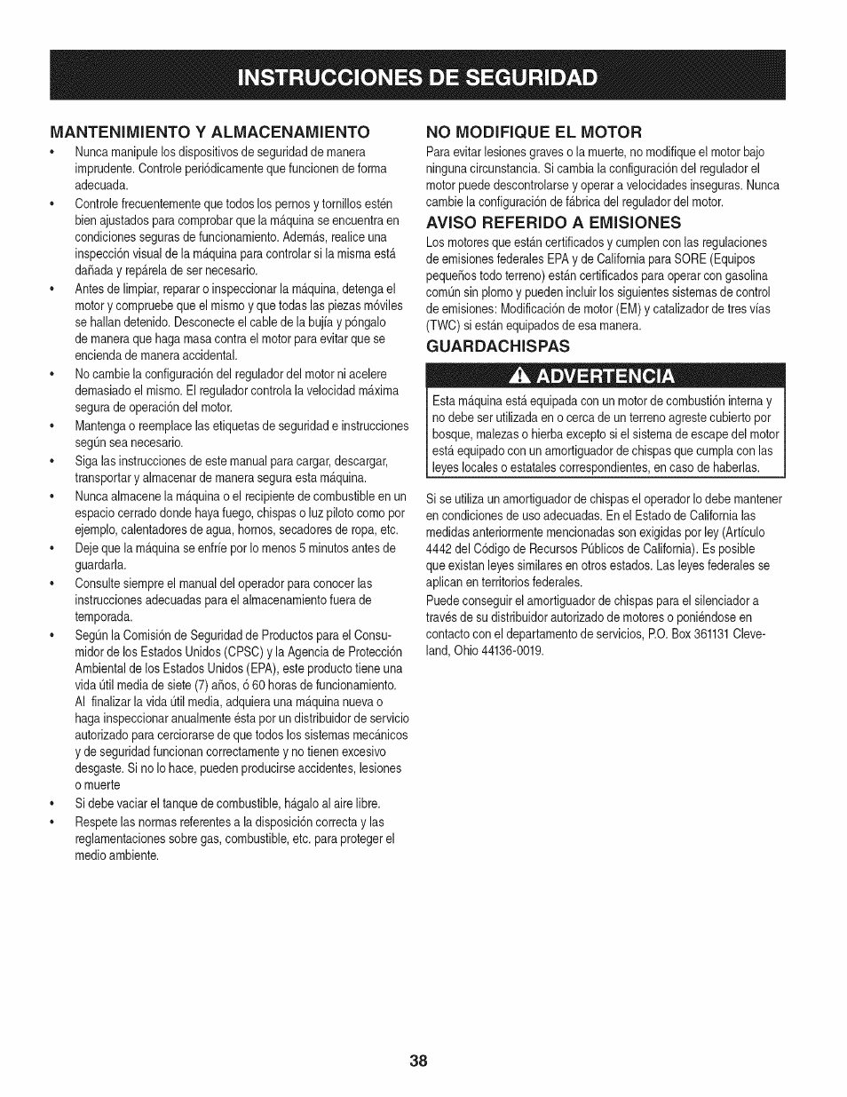 No modifique el motor, Aviso referido a emisiones, Guardachispas | A advertencia, Instrucciones de segurida | Craftsman 1450 Series Engine User Manual | Page 38 / 56