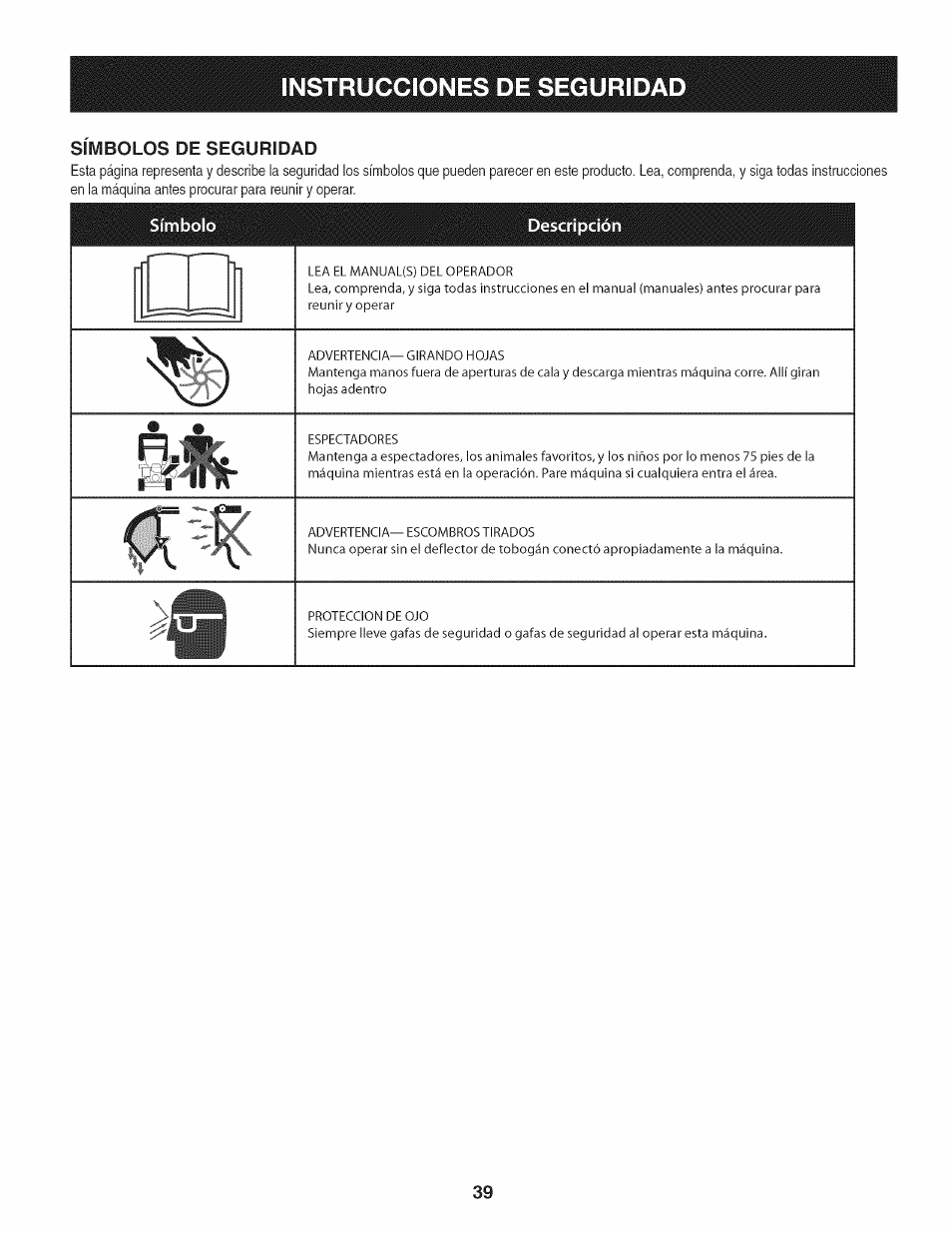 Instrucciones de seguridad | Craftsman 1450 Series Engine User Manual | Page 39 / 56